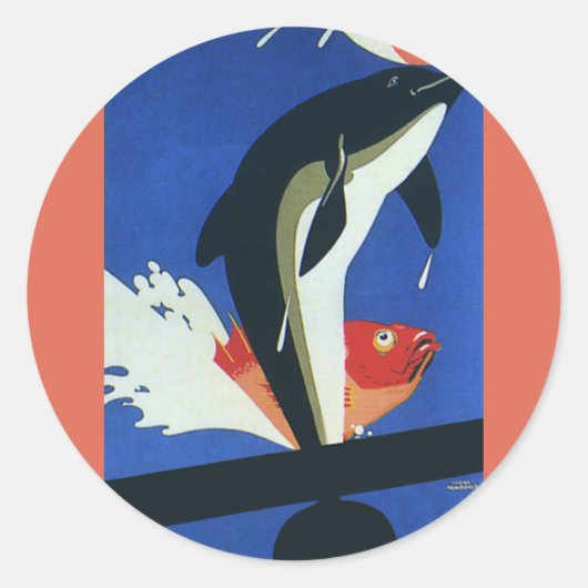 ヴィンテージ海洋生物,イルカと金魚 ラウンドシール (正面)