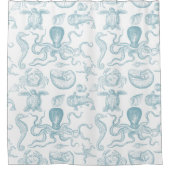 ヴィンテージ海獣イラストレーションブルーパターン シャワーカーテン (正面)