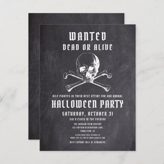 ヴィンテージ海賊版スカル&ボーンズブラックハローウィンパーティ インビテーションポストカード (正面/裏面)