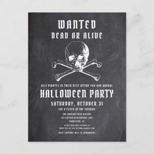 ヴィンテージ海賊版スカル&ボーンズブラックハローウィンパーティ インビテーションポストカード (正面)