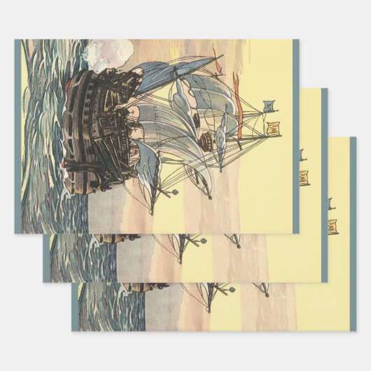 ヴィンテージ海賊船ガレオン・セーリング・オン・ザ・海 ラッピングペーパーシート (セット)