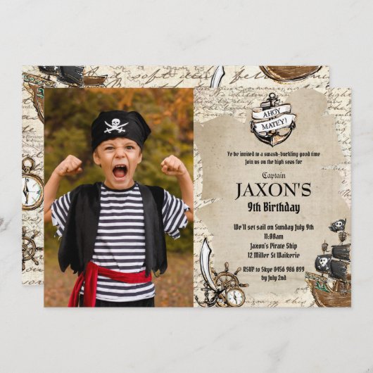 ヴィンテージ海賊誕生日パーティーアホイマテイマップ写真 招待状 (正面/裏面)