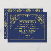 ヴィンテージ海軍と金ゴールドアールデコ結婚ズ セーブザデート (正面/裏面)