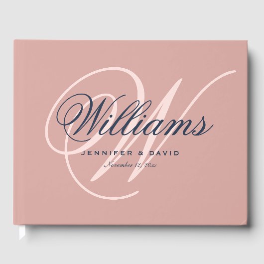 ヴィンテージ海軍ブルーブラッシュスクリプトモノグラムウェディング ゲストブック (正面)