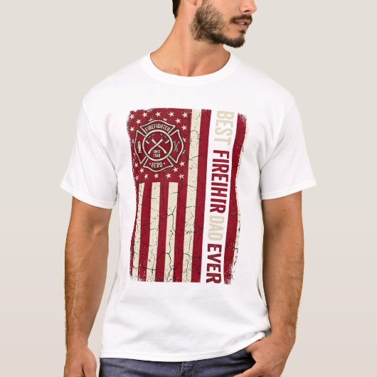 ヴィンテージ消防士パパ 縦型フラグ Tシャツ (正面)