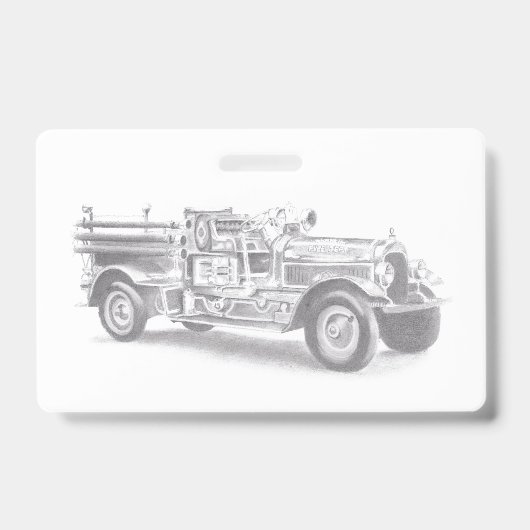 ヴィンテージ消防車の鉛筆スケッチ消防士の絵 バッジ (正面)