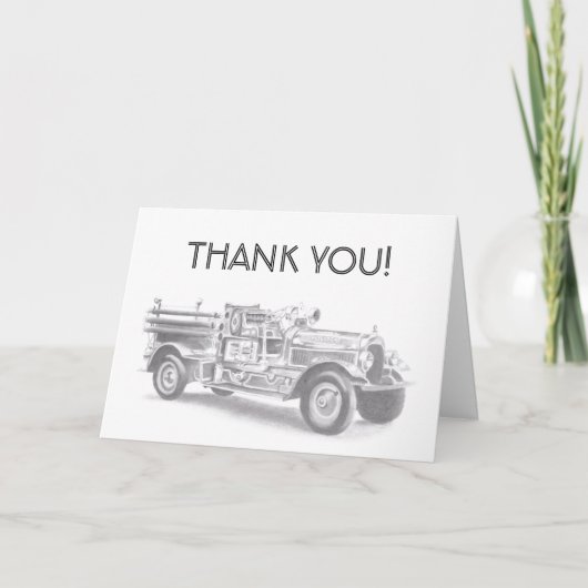 ヴィンテージ消防車の鉛筆スケッチ消防士スケッチ サンキューカード (正面)