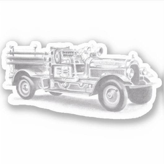 ヴィンテージ消防車の鉛筆スケッチ消防士スケッチ シール (正面)