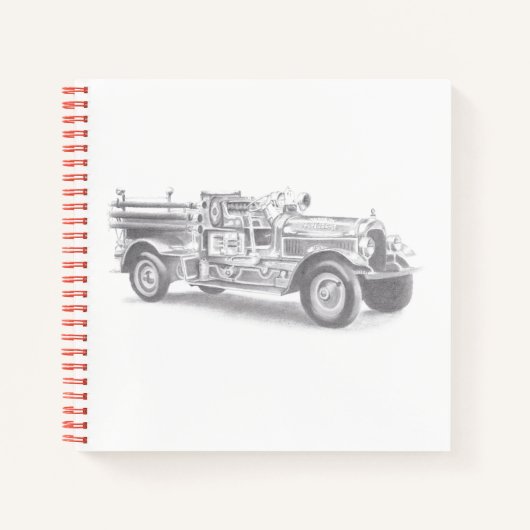 ヴィンテージ消防車の鉛筆スケッチ消防士スケッチ ノートブック (正面)