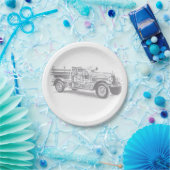 ヴィンテージ消防車の鉛筆スケッチ消防士スケッチ ペーパープレート (パーティー)