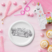 ヴィンテージ消防車の鉛筆スケッチ消防士スケッチ ペーパープレート (パーティー)