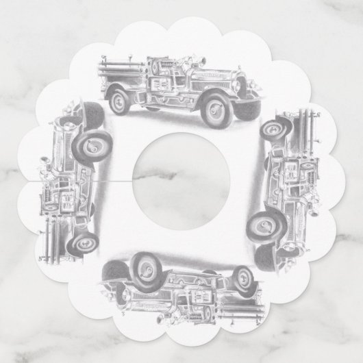 ヴィンテージ消防車の鉛筆スケッチ消防士スケッチ ワイングラスタグ (正面)