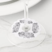 ヴィンテージ消防車の鉛筆スケッチ消防士スケッチ ワイングラスタグ (クローズアップ)