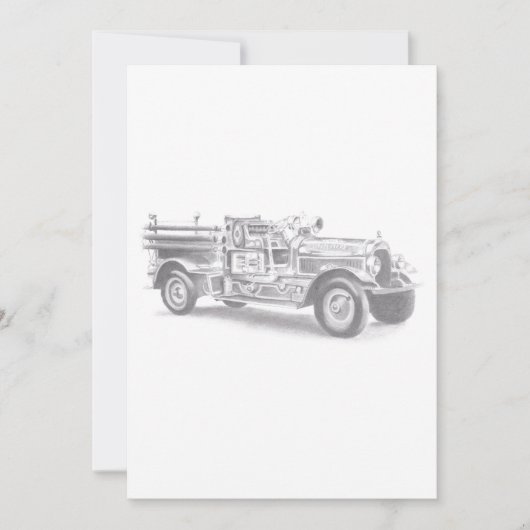 ヴィンテージ消防車の鉛筆スケッチ消防士スケッチ 招待状 (正面)