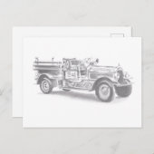 ヴィンテージ消防車の鉛筆スケッチ消防士スケッチ 案内ポストカード (正面/裏面)