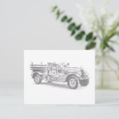 ヴィンテージ消防車の鉛筆スケッチ消防士スケッチ 案内ポストカード (スタンド正面)