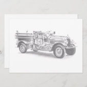 ヴィンテージ消防車の鉛筆スケッチ消防士スケッチ 案内状 (正面/裏面)