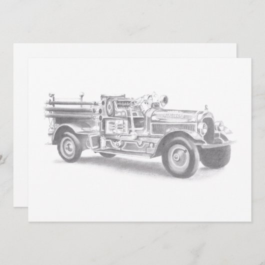 ヴィンテージ消防車の鉛筆スケッチ消防士スケッチ 案内状 (正面/裏面)