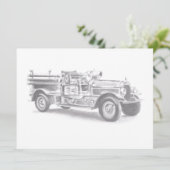 ヴィンテージ消防車の鉛筆スケッチ消防士スケッチ 案内状 (スタンド正面)