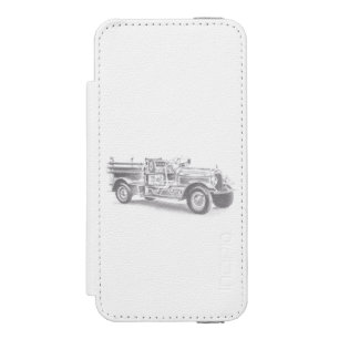 ヴィンテージ消防車の鉛筆スケッチ消防士スケッチ iPhone SE/5/5sウォレットケース