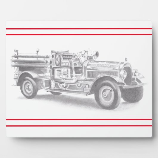 ヴィンテージ消防車の鉛筆スケッチ 消防士の絵 フォトプラーク (正面)