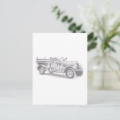 ヴィンテージ消防車の鉛筆スケッチ 消防士の絵 ポストカード (スタンド正面)