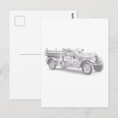 ヴィンテージ消防車の鉛筆スケッチ 消防士の絵 ポストカード (正面/裏面)