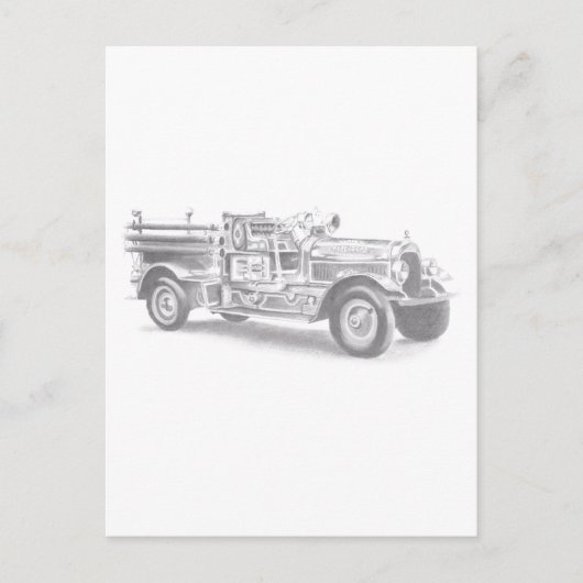 ヴィンテージ消防車の鉛筆スケッチ 消防士の絵 ポストカード (正面)