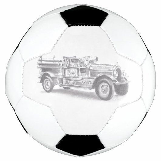 ヴィンテージ消防車の鉛筆画 消防士のイラスト  サッカーボール (正面)