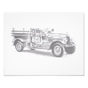 ヴィンテージ消防車の鉛筆画 消防士のイラスト フォトプリント