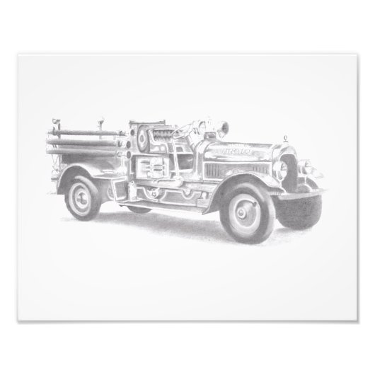 ヴィンテージ消防車の鉛筆画 消防士のイラスト フォトプリント (正面)