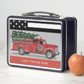 ヴィンテージ消防車アメリカンフラグ細い赤線 メタルランチボックス (インサイチュ)