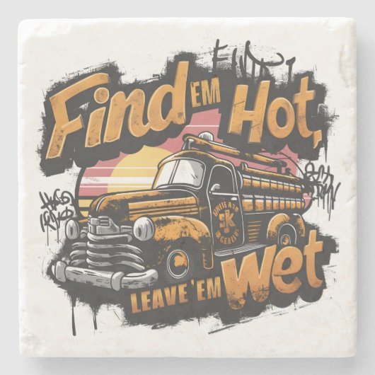 ヴィンテージ消防車サンセットグラフィック ストーンコースター (正面)