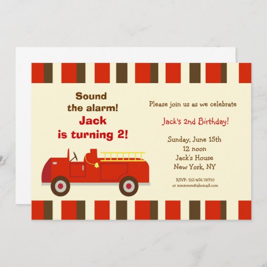 ヴィンテージ消防車バースデーパーティ招待状 招待状 (正面/裏面)