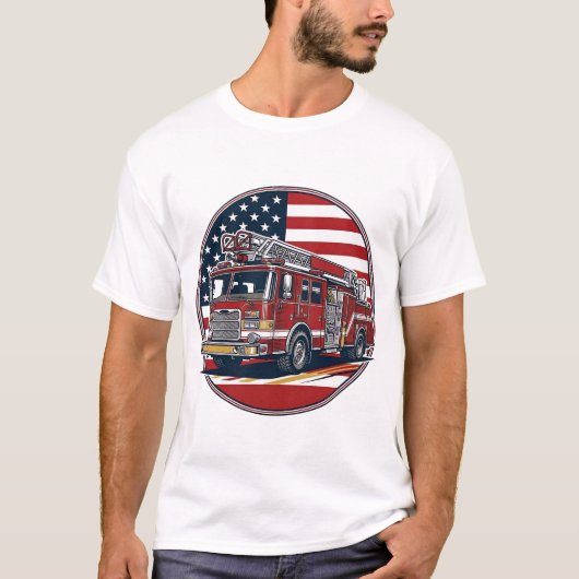 ヴィンテージ消防車 アメリカ国旗 サークル ベクター シー Tシャツ (正面)