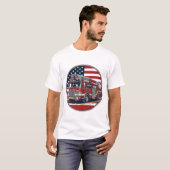 ヴィンテージ消防車 アメリカ国旗 サークル ベクター シー Tシャツ (正面フル)