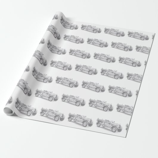ヴィンテージ消防車 鉛筆画 消防士 イラスト ラッピングペーパー (アンロールド)