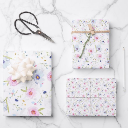 ヴィンテージ淡い色のピンクブルーフローラフかわいらしラワー ラッピングペーパーシート (正面)