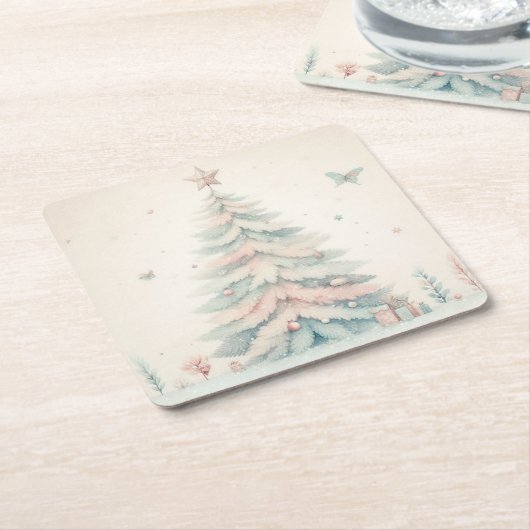 ヴィンテージ淡い色のメリークリスマス スクエアペーパーコースター (アングル)