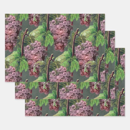 ヴィンテージ淡紫の葡萄とつる植物オングリーン ラッピングペーパーシート (セット)