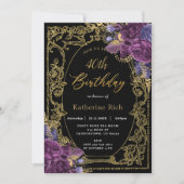 ヴィンテージ深いパープルフローラアンティーク金ゴールド誕生日 招待状 (正面)