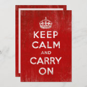 ヴィンテージ深いレッド動揺してKeep Calm and Carry On 招待状 (正面/裏面)