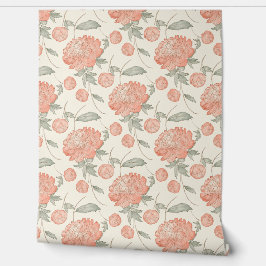 ヴィンテージ温橙牡丹花柄 壁紙