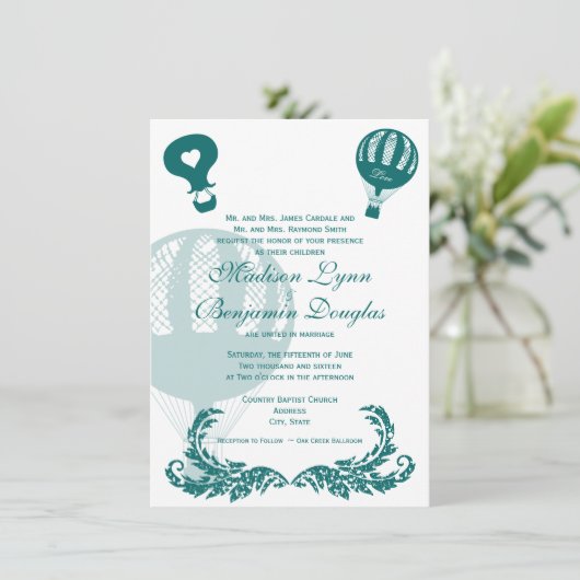 ヴィンテージ温風気球結婚式招待状アクア 招待状 (スタンド正面)