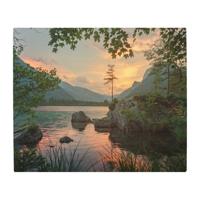 ヴィンテージ湖の夕日 メタルプリント (正面)