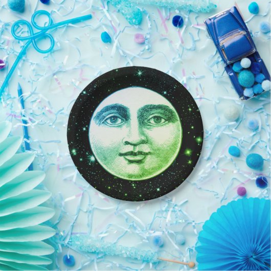 ヴィンテージ満月の男性フル顔ティール（緑がかった色）黒 ペーパープレート (パーティー)