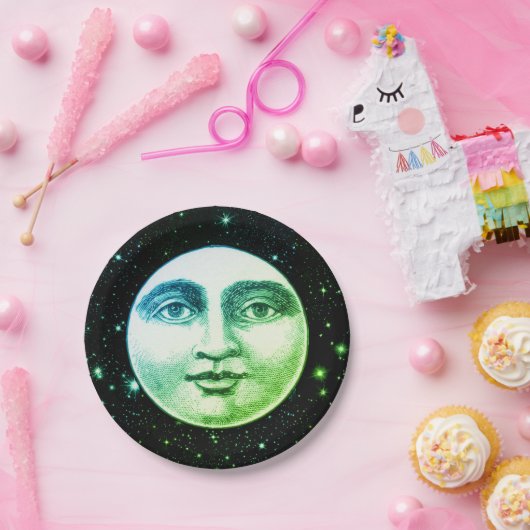 ヴィンテージ満月の男性フル顔ティール（緑がかった色）黒 ペーパープレート (パーティー)