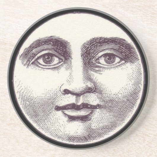 ヴィンテージ満月の男性フル顔白黒 コースター (正面)