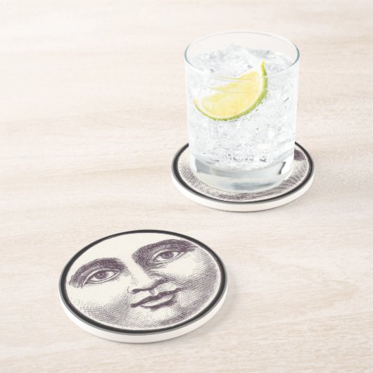 ヴィンテージ満月の男性フル顔白黒 コースター (側面)