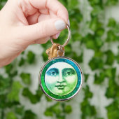 ヴィンテージ満月の男性顔ティール（緑がかった色）青の緑 キーホルダー (手)